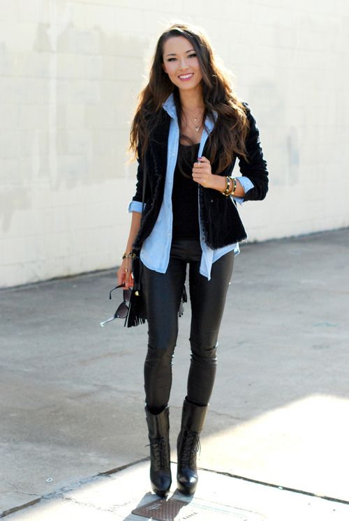 Black Leather Pants With a Denim Top